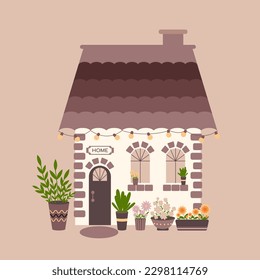 Cute house with lights and flowers in pots. Sweet home or welcome home concept. Vector flat illustration.