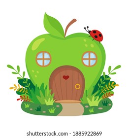 Cute house made from green apple, fairytale fantasy house for gnome or elf. Vector Illustration on a white background