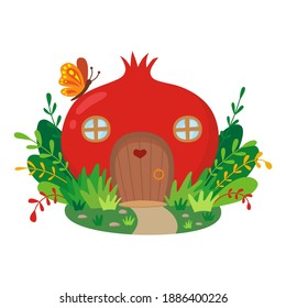 Cute house made from pomegranate, fantasy fairytale house for gnome or elf. Vector Illustration on a white background