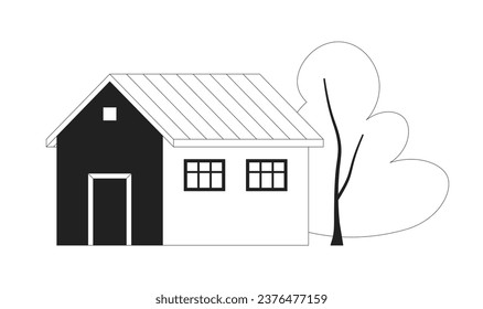 Cute house monochrome flat vector object. Town building with decorative tree. Editable black and white thin line icon. Simple cartoon clip art spot illustration for web graphic design