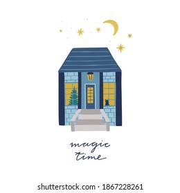 Cute house, moon and stars illustration. Christmas card with sweet home and lettering.