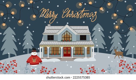 Casa de huéspedes, con un fondo de invierno nocturno, con decoración de Navidad: muñeco de nieve, ciervo, luces. plantilla de tarjeta de felicitación de Navidad. Ilustración vectorial en estilo plano