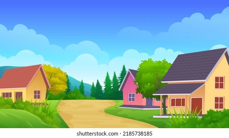 Cute house on the hill with Beautiful nature rural landscape, grass and trees cartoon illustration