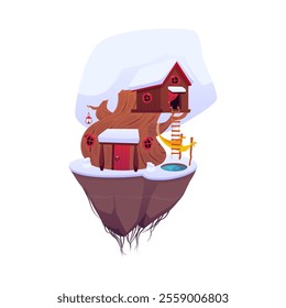 Cute house on a large snow-covered tree for a fairy, gnome or elf. Fantasy cottage with a ice hole, a hammock, a ladder. Winter landscape Cartoon style Vector illustration isolated on white background