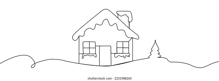 Cute house one line . One continuous line drawing of winter house with a christmas tree.Winter landscape