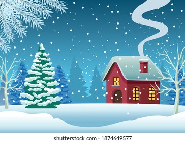cute house and pine tree in snowscape scene vector illustration design