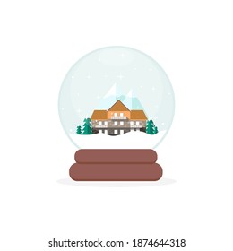 Cute House, Pine Trees, and Mountains Inside of a Snow globe Flat Vector illustration. Christmas Illustration. 