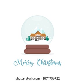 Casa, Pinos y Montañas Cute House, dentro de una ilustración de un vector plano de nieve. Ilustración de Navidad. 