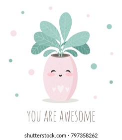 Cute house plant in flower pot. Adorable object on white background, pastel colors with sweet text. Valentine's day, anniversary, save the date, baby shower, bridal, birthday
