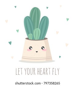 Cute house plant in flower pot. Adorable cactus on white background, pastel colors with sweet text. Valentine's day, anniversary, save the date, baby shower, bridal, birthday
