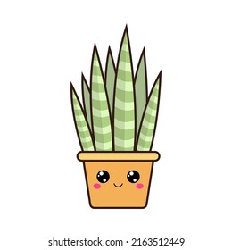 Cute house plant in a pot with a face. Vector illustration of a cute plant. Cute little illustration of house plant for kids, baby book, fairy tales, baby shower invitation, textile t-shirt, sticker.