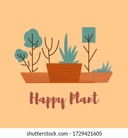 Cute House Plants Vector Illustration in Pots. Design for Sticker, Decorative.