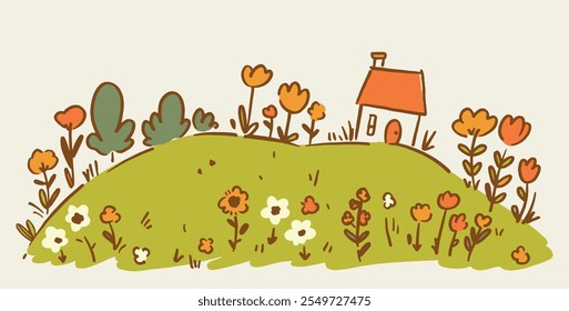 Linda casa Rolling Hills Wildflower Landscape Ilustración vectorial de dibujo para niños Adorable Doodle dibujado a mano