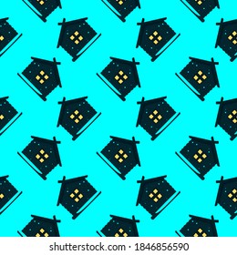 Cute house, seamless pattern on blue background.
