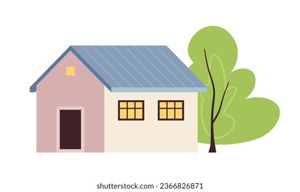 Objeto vector de color semiplano de casa dividida. Edificio de pueblo con árbol decorativo. Icono de imagen de clip de caricatura editable sobre fondo blanco. Ilustración de puntos simple para diseño gráfico web