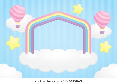 cute house shape rainbow arch and white cloud base with kawaii air balloon and stars graphic element on pastel blue background illustration vector