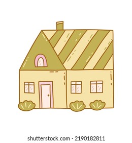 Cute house with shrubs growing nearby. Colorful vector isolated doodle illustration. Sweet home. Hand drawn clip art single boho