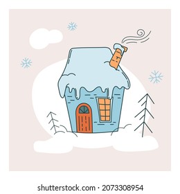 Cute house in the snow. Flat minimalism.