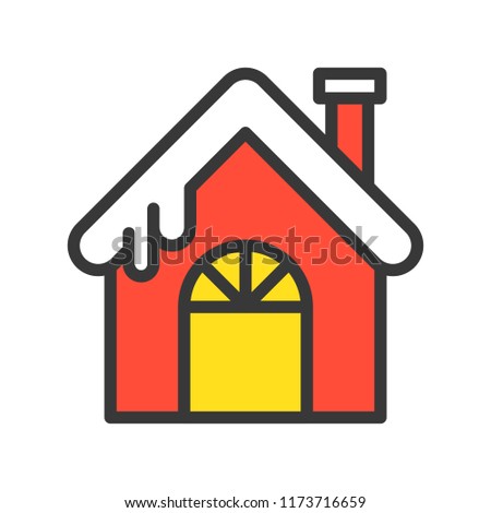 Cute house with snow on rooftop, Merry Christmas related icon set, filled outline design editable stroke