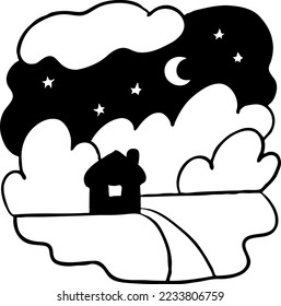 Cute house in the snowy night forest. Lovely, lonely home. Sky with stars and moon, snow on the trees. Christmas and New Year decorative monochrome vector illustration for post card, banner, poster.