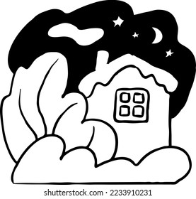 Cute house in the snowy night forest. Lovely, lonely home. Sky with stars and moon, snow on the trees. Christmas and New Year decorative monochrome vector illustration for post card, banner, poster.