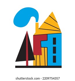 Cute house standing near a fir tree. Simple building with triangular roof and smoke from the chimney. Vector cartoon flat childish illustration