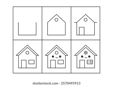 Cute house. Step by step drawing. Coloring page, coloring book page. Black and white vector illustration.