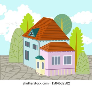 cute house surrounded by trees with paved cobblestone courtyard for your design
