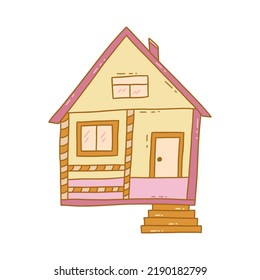 Cute house with a terrace. Colorful vector isolated doodle illustration hand drawn