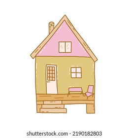 Cute house with a terrace and stairs, chair and table. Colorful vector isolated doodle illustration hand drawn clip art. Sweet home