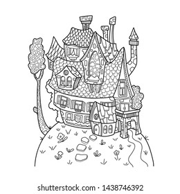 Cute house and tree black and white vector illustration for adult coloring. Vintage architecture. Summer countryhouse with chimney and scaled roof. Cozy home line art. Detailed house  coloring book