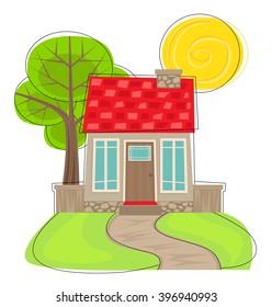 Cute House With Tree - Stylized cartoon house with front lawn, pathway, and tree in the back. Eps10