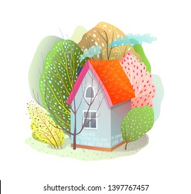 Cute House in Trees Forest Summer Hut. House surrounded by trees little cottage in nature. Vector watercolor style cartoon design.