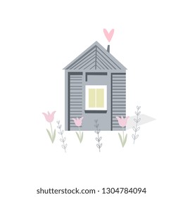 Cute house vector print. Cute hand drawn illustration with cartoon house