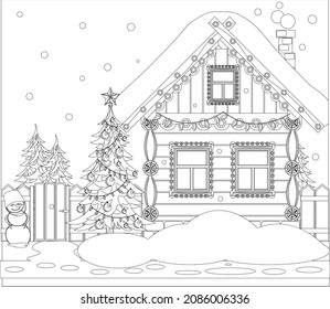 Cute house in winter on Christmas and new year's eve. Vector coloring book.