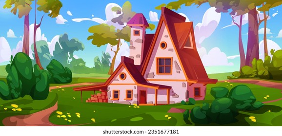 Cute house with wooden windows and doors on lawn with trees, bushes, green grass and flowers. Cartoon vector illustration of forest natural landscape with home or cottage over blue sky with clouds.