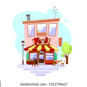 Cute house-cafe with a table outside. Restaurant, shop or eatery in cartoon style.