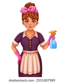 Cute ama de llaves, ama de casa, ama de casa mujer, trabajador de limpieza del hogar. Servicio de limpieza de la casa. La criada del hotel en uniforme sostiene la botella de spray de agua. Profesional de limpieza. Detergente limpio para el hogar. Vector