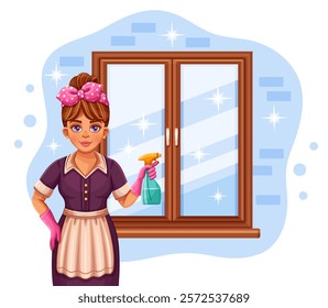 Cute housekeeper, housewife woman clean window glass with water washing spray bottle. Housemaid, house cleaning, housekeeping service worker. Hotel maid in uniform. Household cleaner detergent. Vector