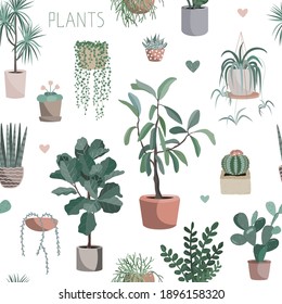 Cute houseplants background. House indoor plant vector cartoon doodle seamless pattern. Potted flowers.