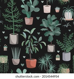 Cute houseplants on dark background. House indoor plant vector cartoon doodle seamless pattern. Potted flowers.