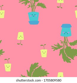 Cute houseplants with smiling faces on pink background vector seamless pattern