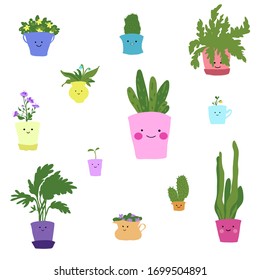 Cute houseplants with smiling faces vector illustration set 