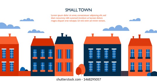 Cute houses along the street. Home in flat design style. Vector Small Town. Web Banner. 