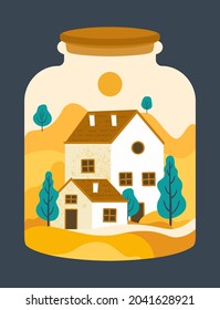 Cute houses with a Autumn landscape. Illustrations with houses in vintage style. landscape inside the bottle. Vector Autumn illustration  for postcard.