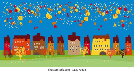 Cute houses in the autumn. Night