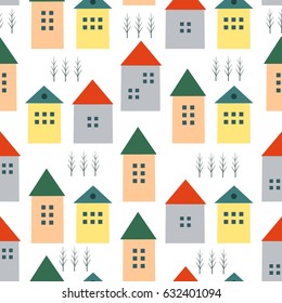 Cute houses and autumn trees seamless pattern on white background. Scandinavian style illustration. Autumn landscape design for textile, wallpaper, fabric.