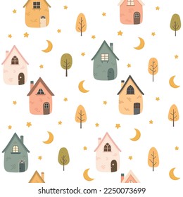 Cute houses, childish seamless pattern vector illustration. Cartoon scandinavian cityscape, Wallpaper for child fabric, for baby textile and nursery