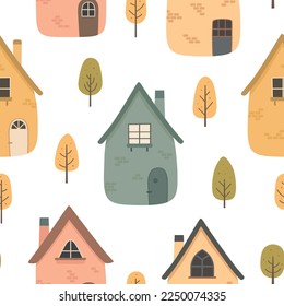Cute houses, childish seamless pattern vector illustration. Cartoon scandinavian cityscape, Wallpaper for child fabric, for baby textile and nursery
