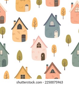 Cute houses, childish seamless pattern vector illustration. Cartoon scandinavian cityscape, Wallpaper for child fabric, for baby textile and nursery